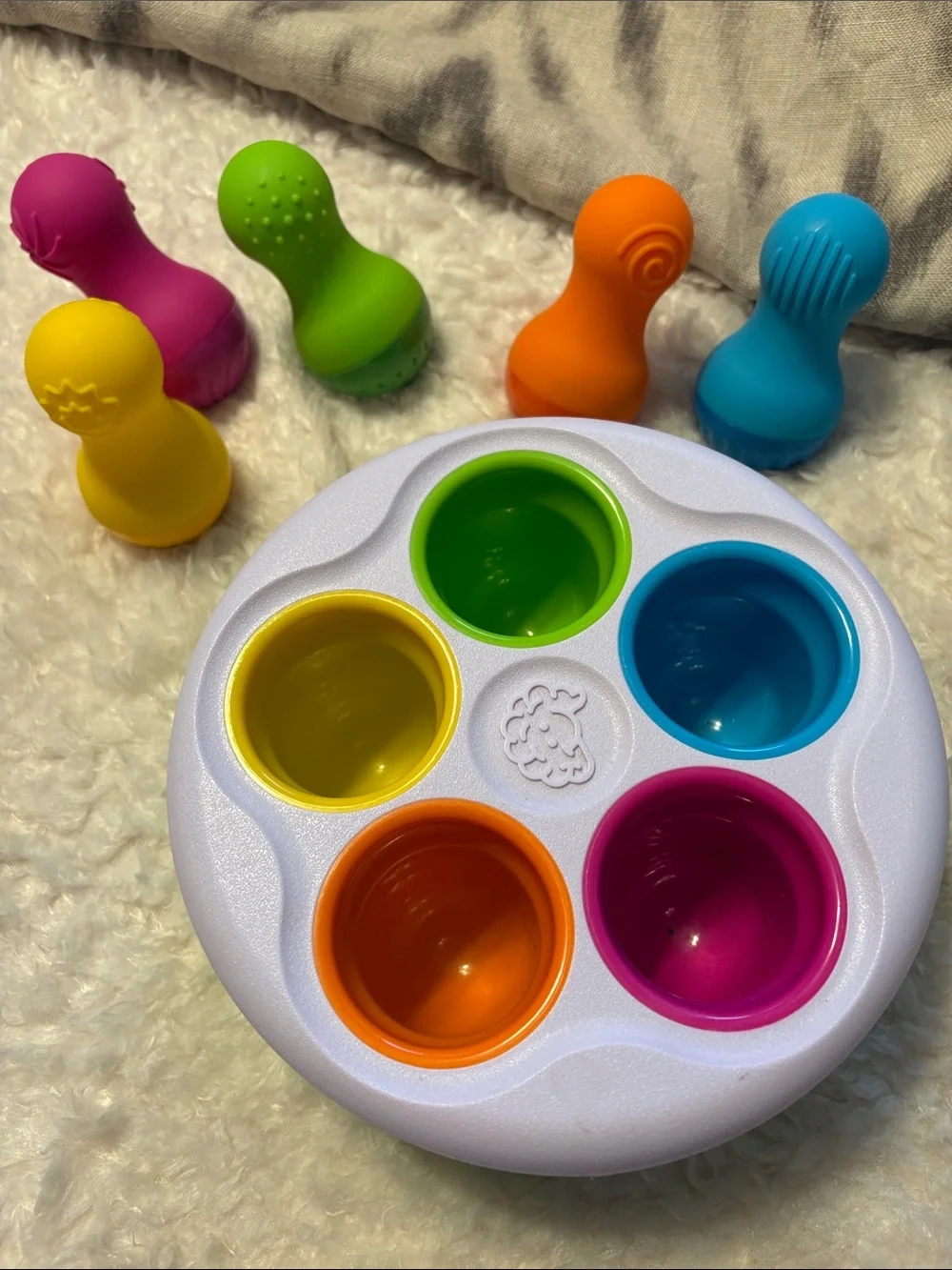 Fat Brain Toys Set of 3 Dimpl, SpinnyPins and Tugl Cube